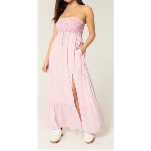 Hollister Strapless Crochet pink maxi dress slit lined Large boho beachy y2k - Picture 1 of 8